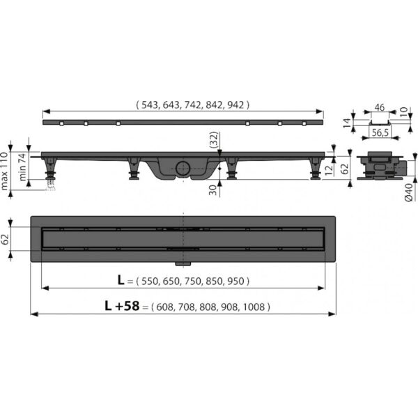 Водовідвідний жолоб Alcaplast APZ19-750 Двостороння решітка DOUBLE (повна решітка або решітка під кладку плитки) - Зображення 3